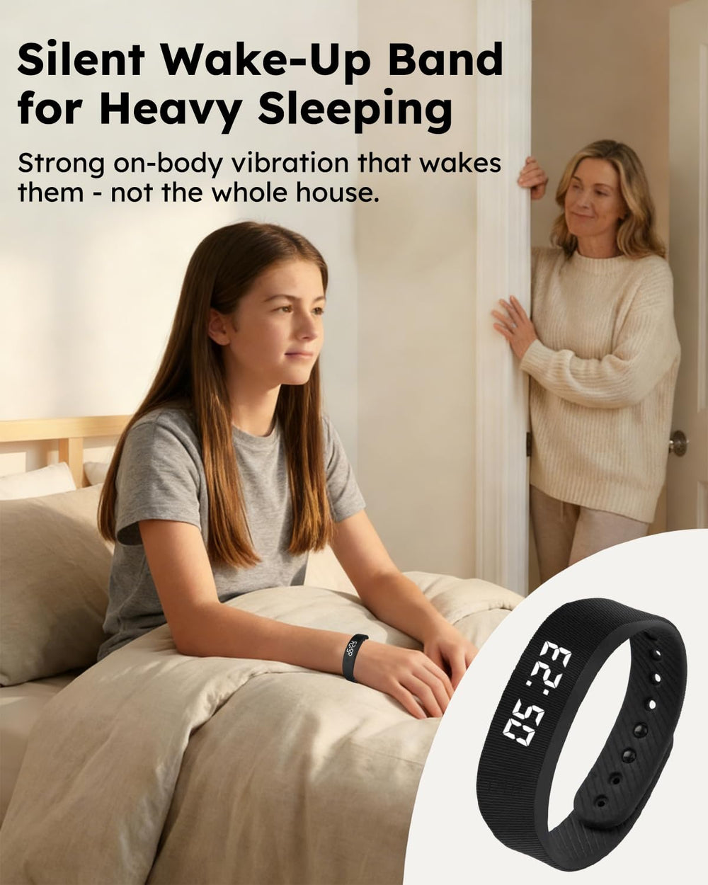 RITHEM pulsera en uso mientras la persona duerme para despertar silencioso