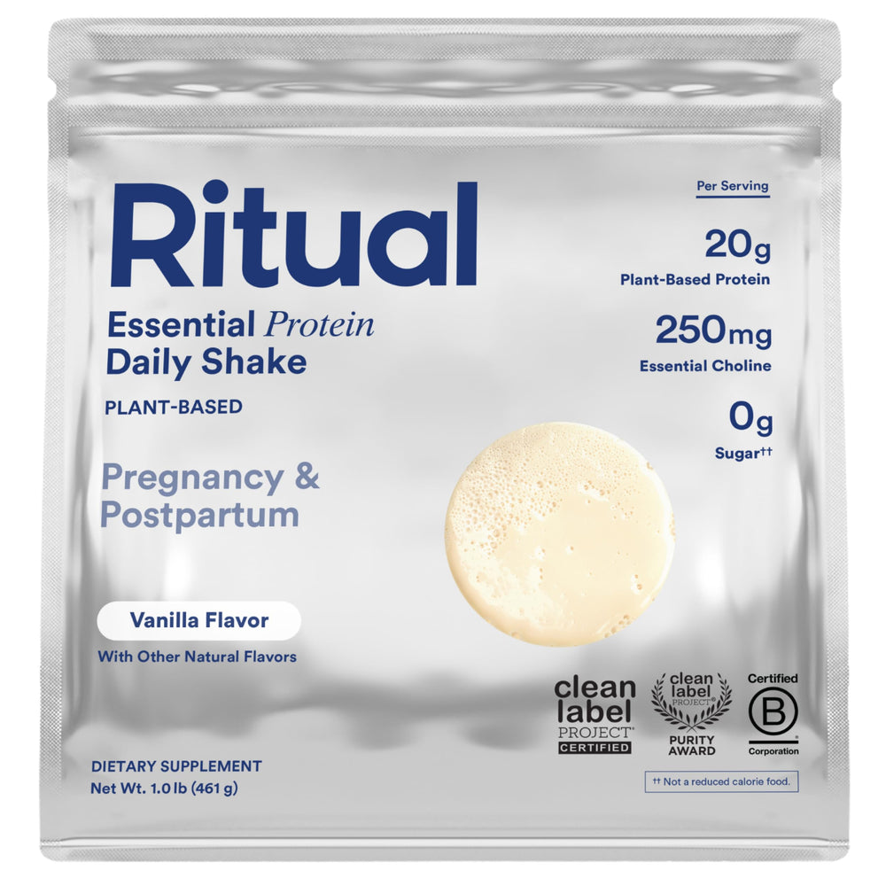 Ritual envase frontal del polvo prenatal, claridad de ingredientes y uso práctico