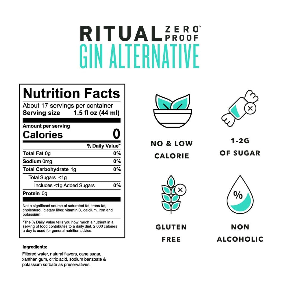 Ritual Zero-Proof etiqueta visible con información de ingredientes naturales
