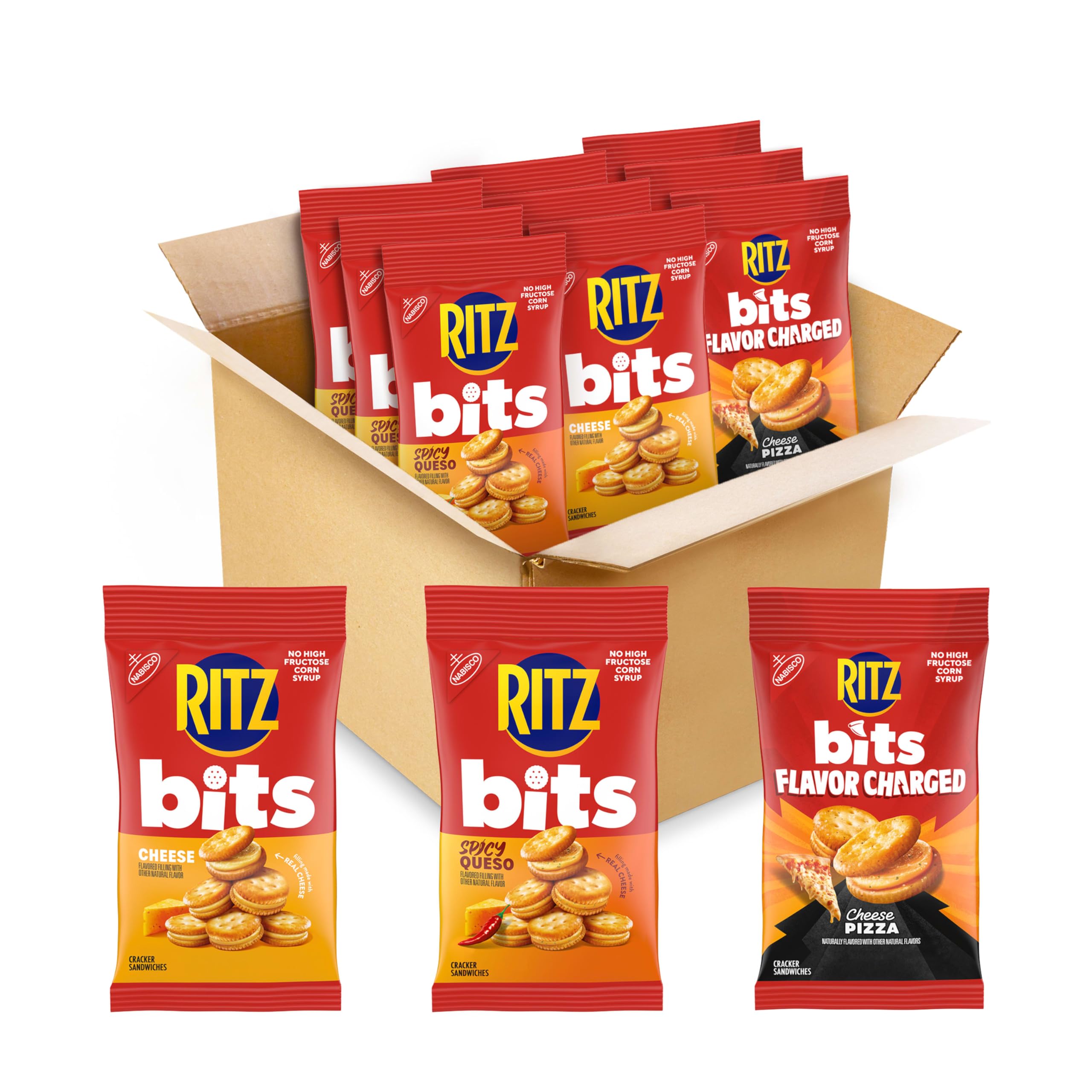 Ritz frente del surtido de nueve bolsas mostrando etiquetas y variedad, conveniencia para llevar