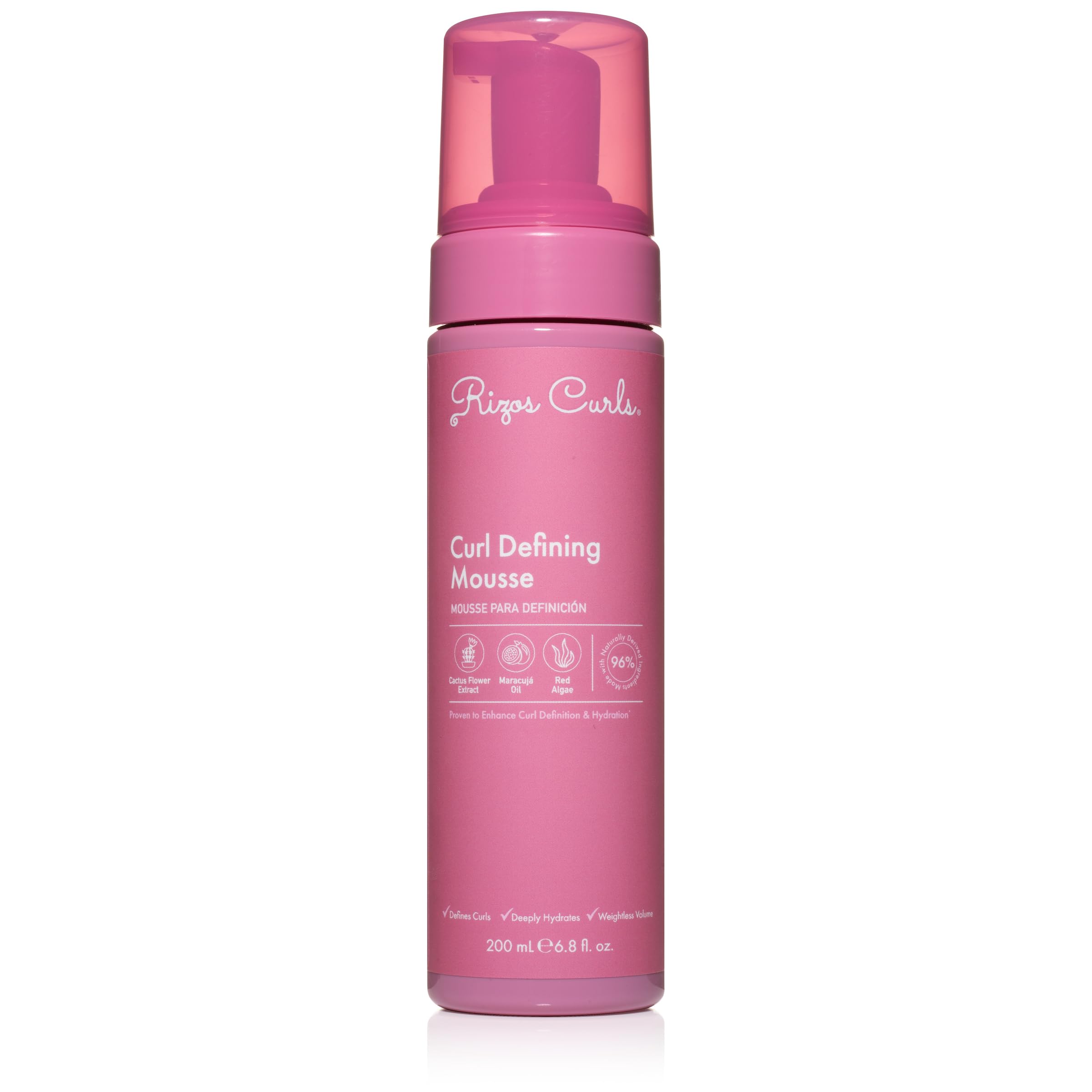 Rizos Curls espuma frontal mostrando el envase y volumen