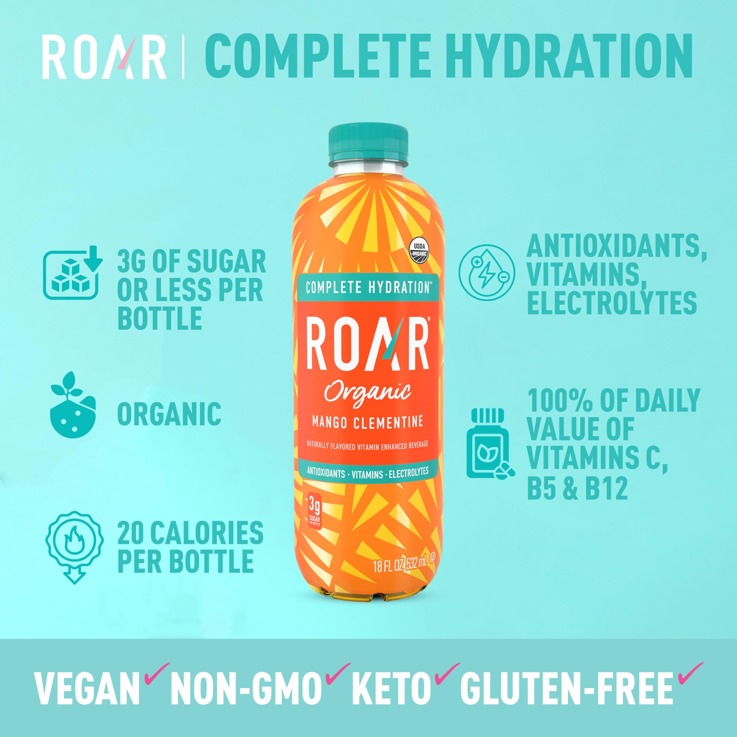 Roar Organic primer plano de textura de agua de coco destacando electrolitos