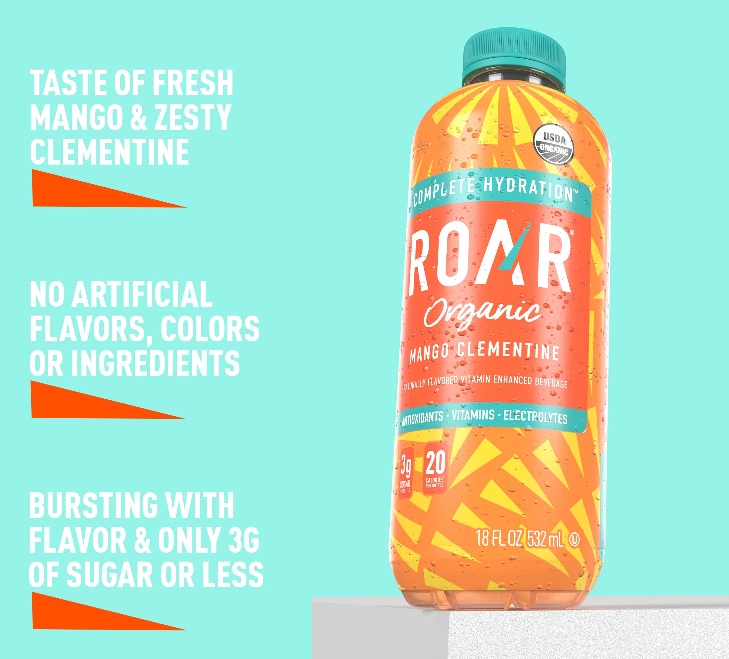 Roar Organic etiqueta con ingredientes y vitaminas C B5 B12 claramente visibles