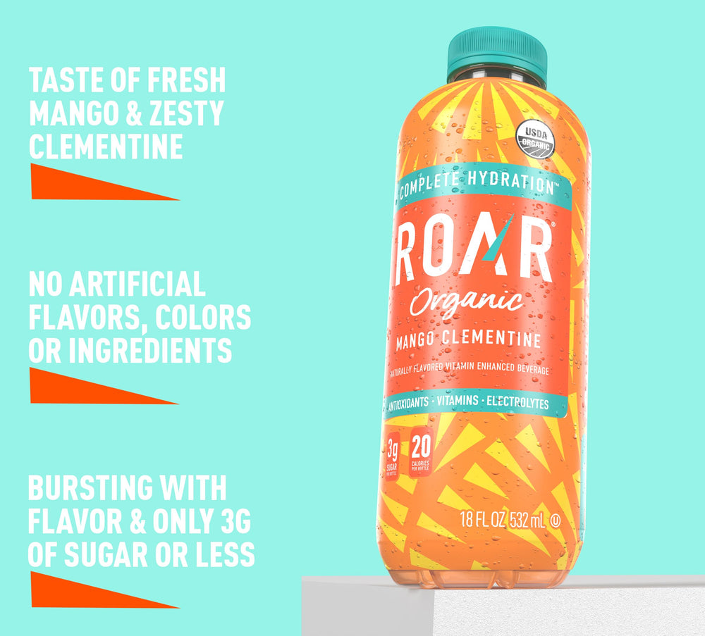 Roar Organic etiqueta con ingredientes y vitaminas C B5 B12 claramente visibles