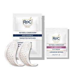 RoC embalaje frontal mostrando 6 parches para arrugas en frente y beneficios