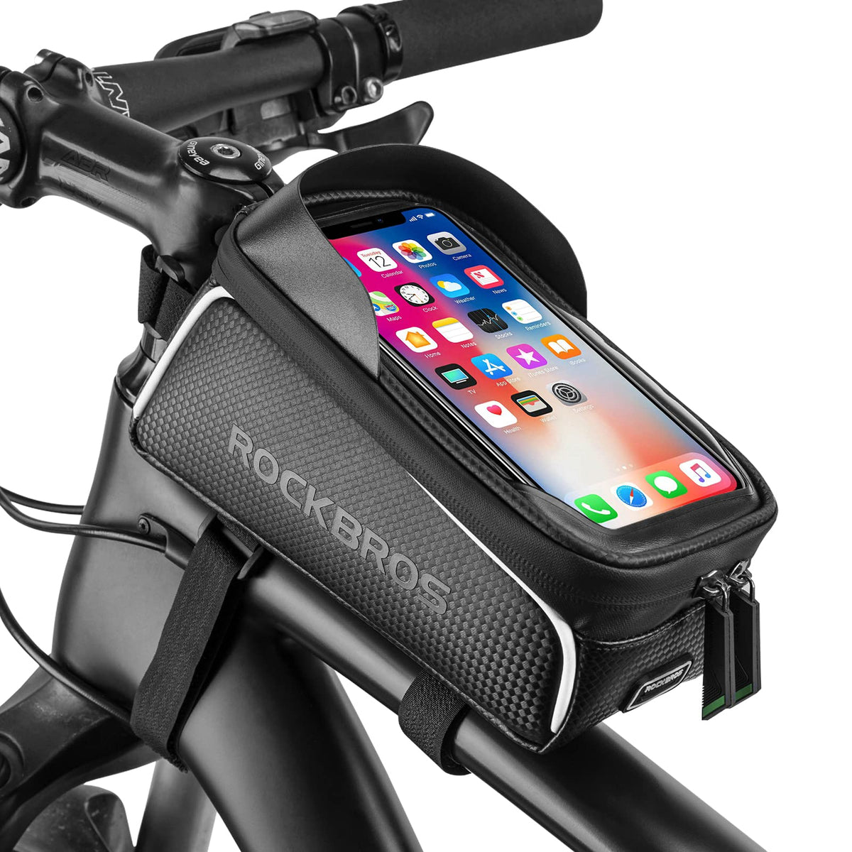 ROCKBROS bolsa frontal empaquetada mostrando diseño y cierre, protección práctica