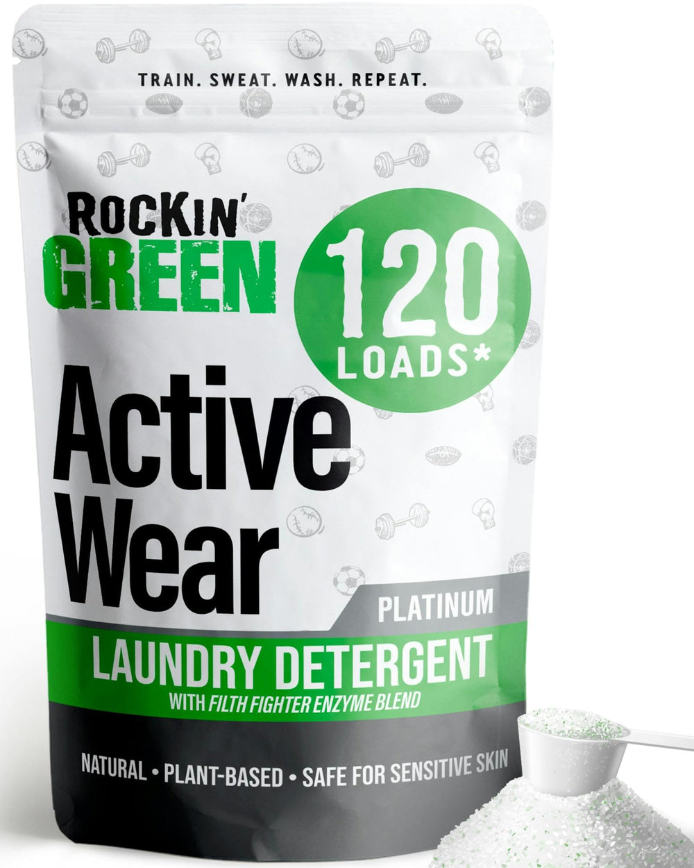 Rockin' Green envase frontal mostrando presentación y beneficios para ropa deportiva