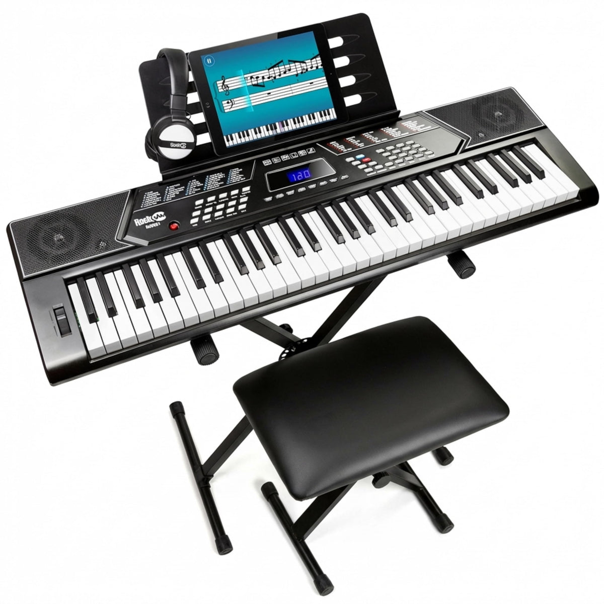 RockJam RJ5061 frontal del kit completo mostrando teclado, soporte y banqueta para empezar