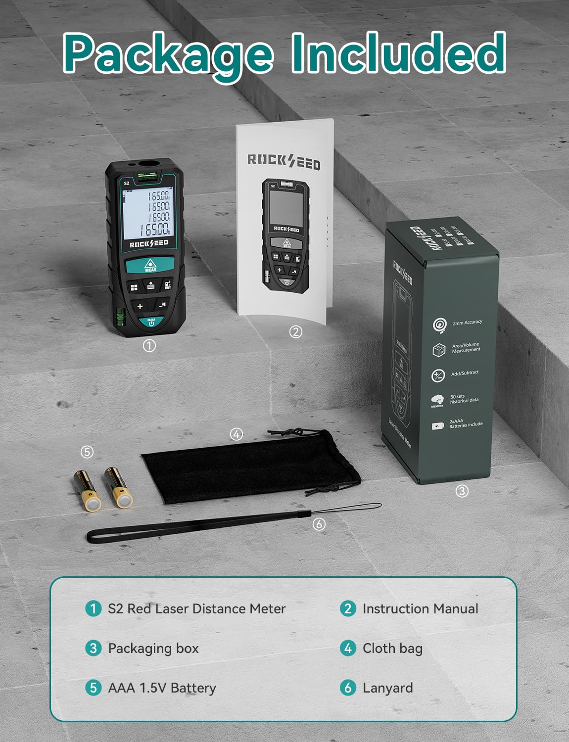 RockSeed contenido de la caja con pilas, correa y manual incluidos