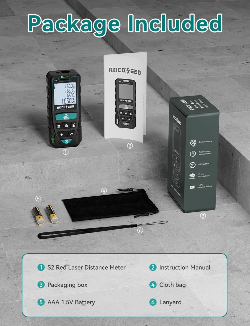 RockSeed contenido de la caja con pilas, correa y manual incluidos