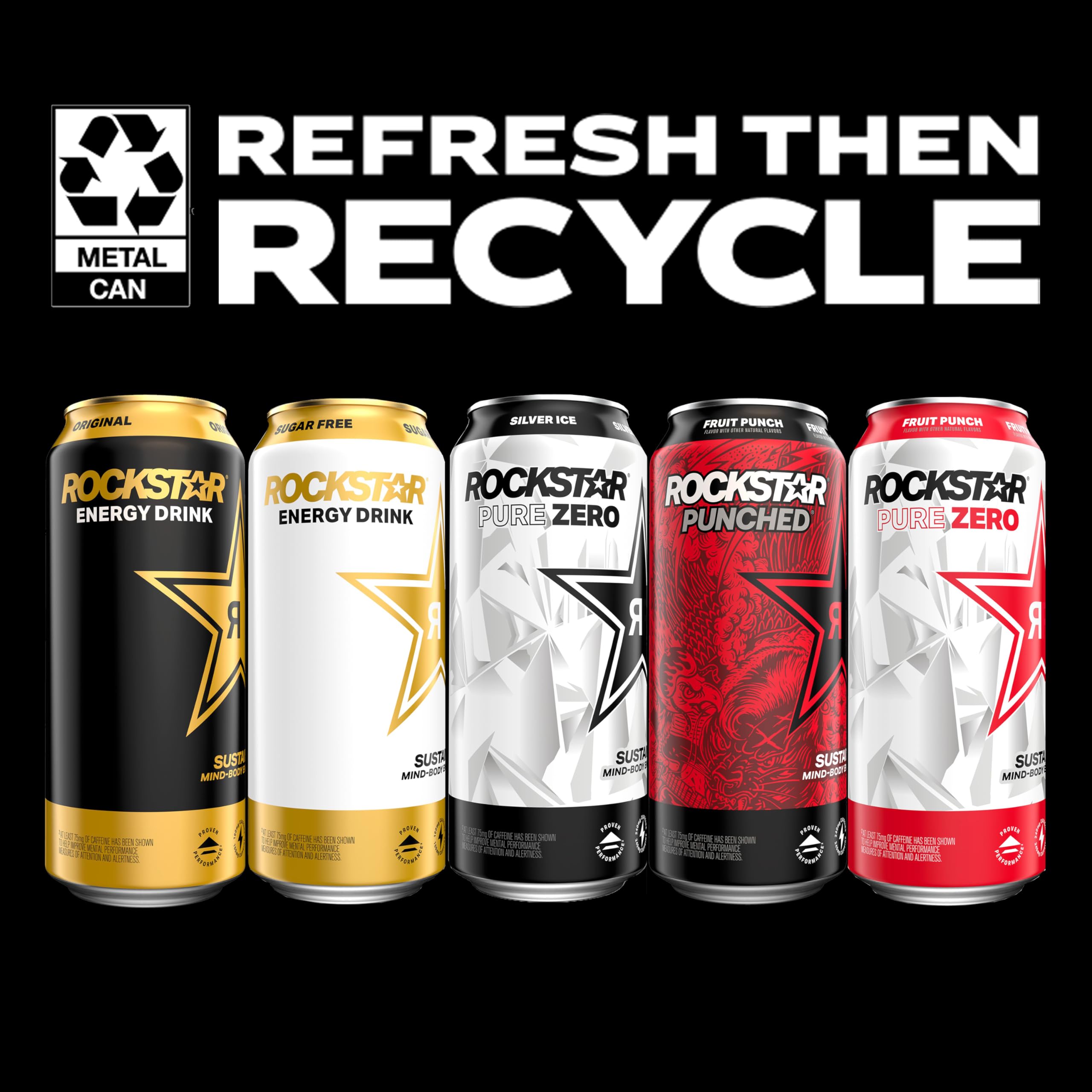 Rockstar original recyclable cans grouped to show eco-friendly disposal