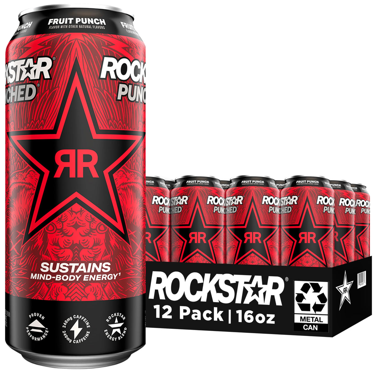 Rockstar can front view showing brand and bold fruit-punch flavor benefit