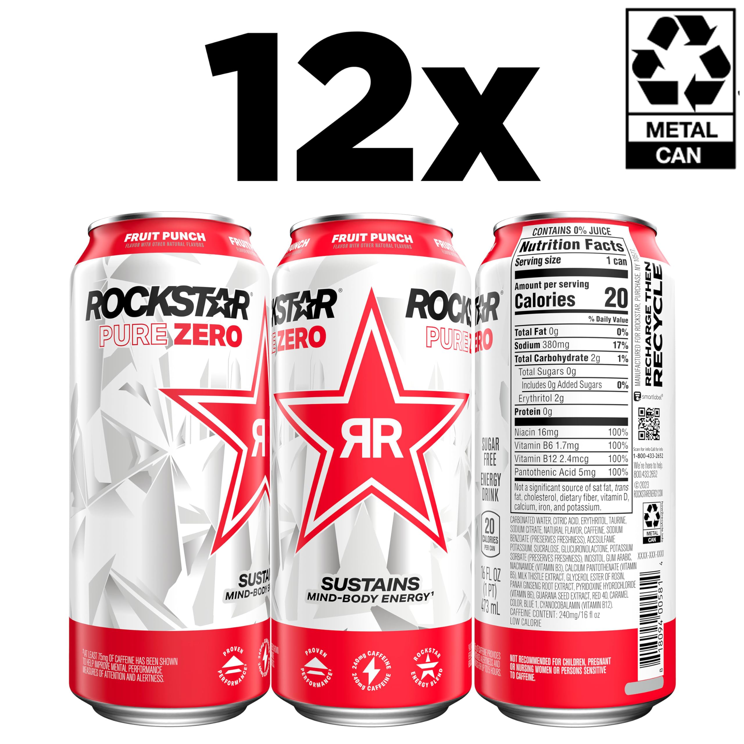 Rockstar Pure Zero can close-up displaying texture and fruity punch artwork for appeal