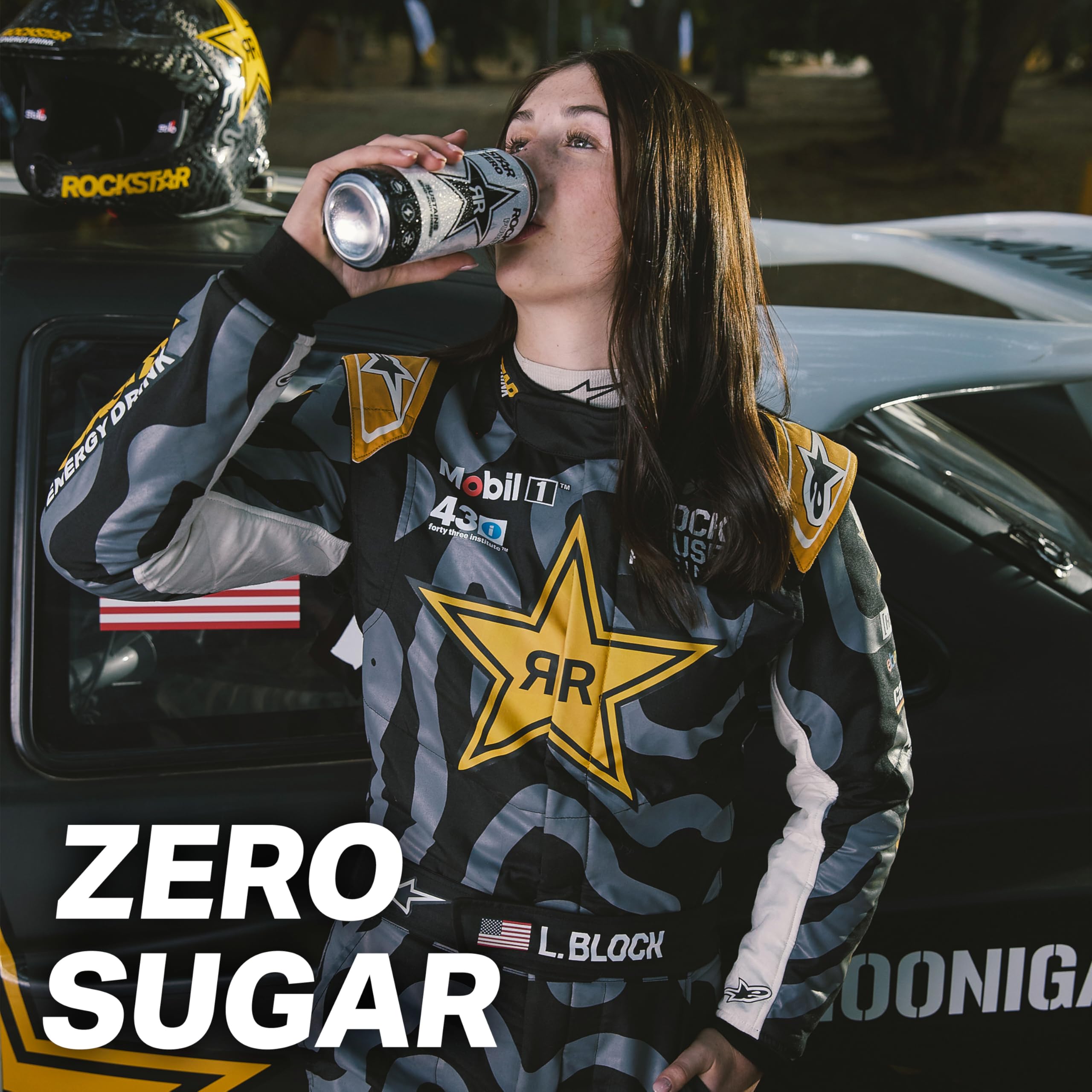 Rockstar Pure Zero beside a water bottle to show 16oz can size and portion clarity