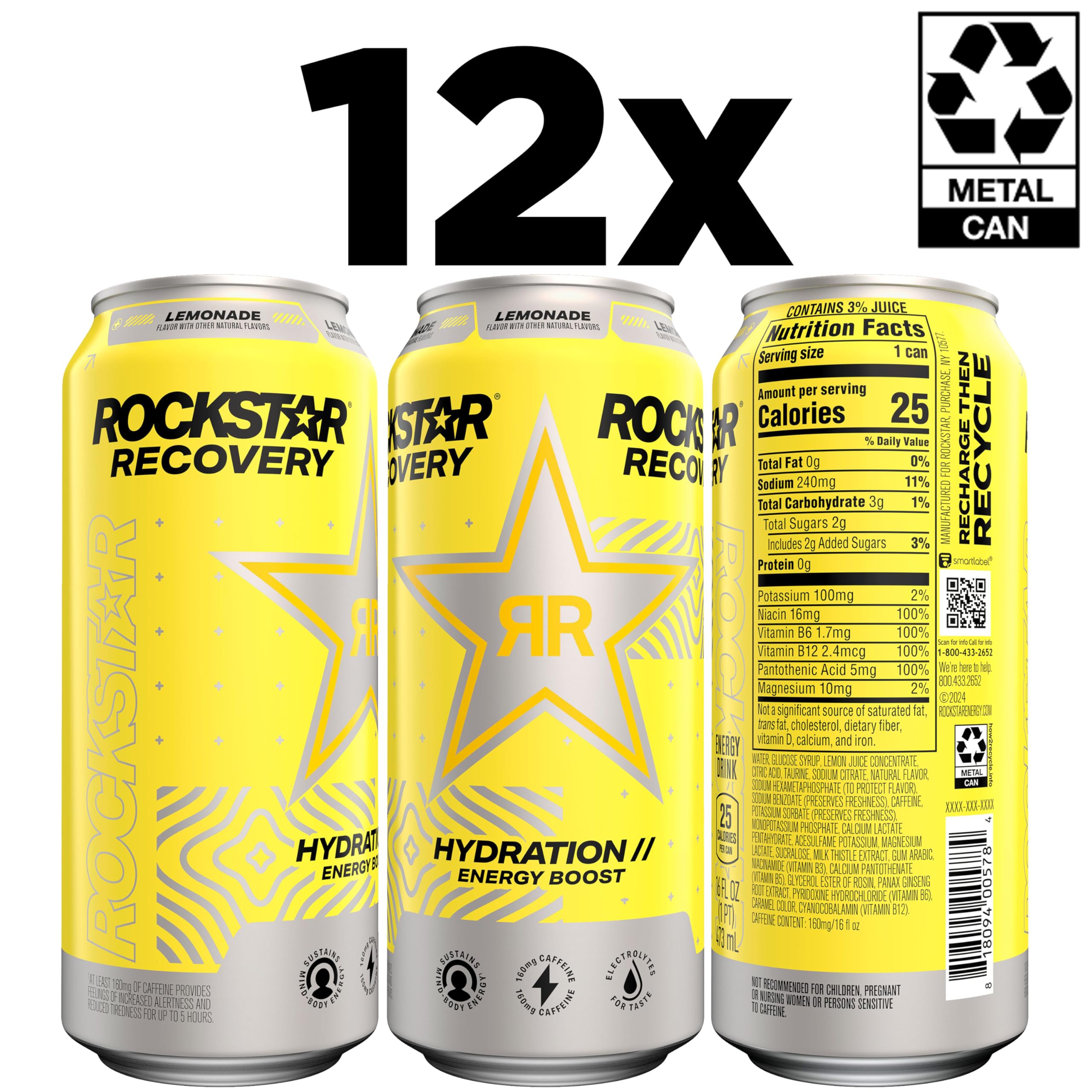 Rockstar close-up of can label highlighting caffeine and electrolytes, quick ingredient info