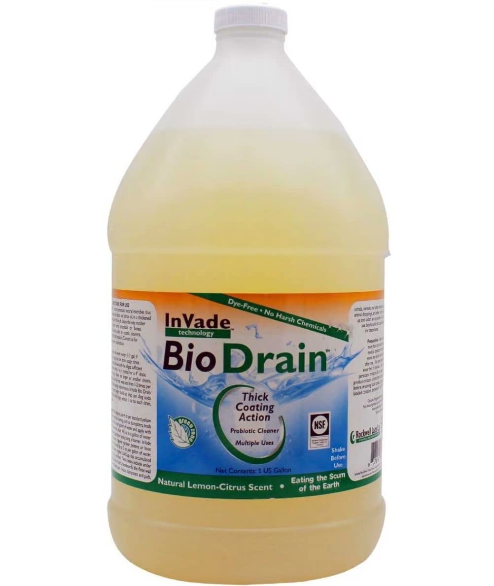 Rockwell Labs InVade Bio Drain frasco frontal mostrando etiqueta y capacidad para mantenimiento de desagües