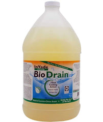 Rockwell Labs InVade Bio Drain frasco frontal mostrando etiqueta y capacidad para mantenimiento de desagües