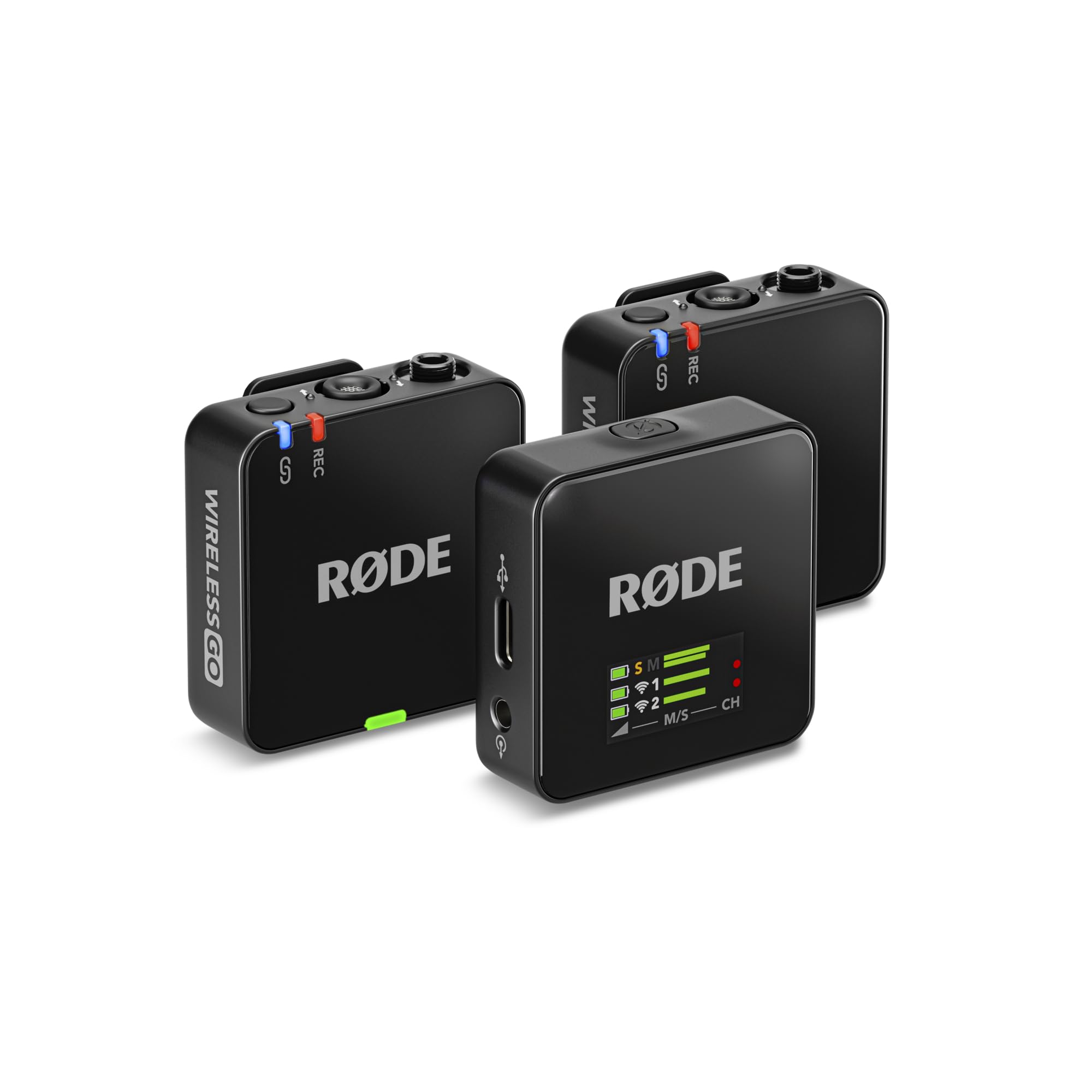 RØDE Wireless GO III frontal mostrando diseño compacto y botones para grabar