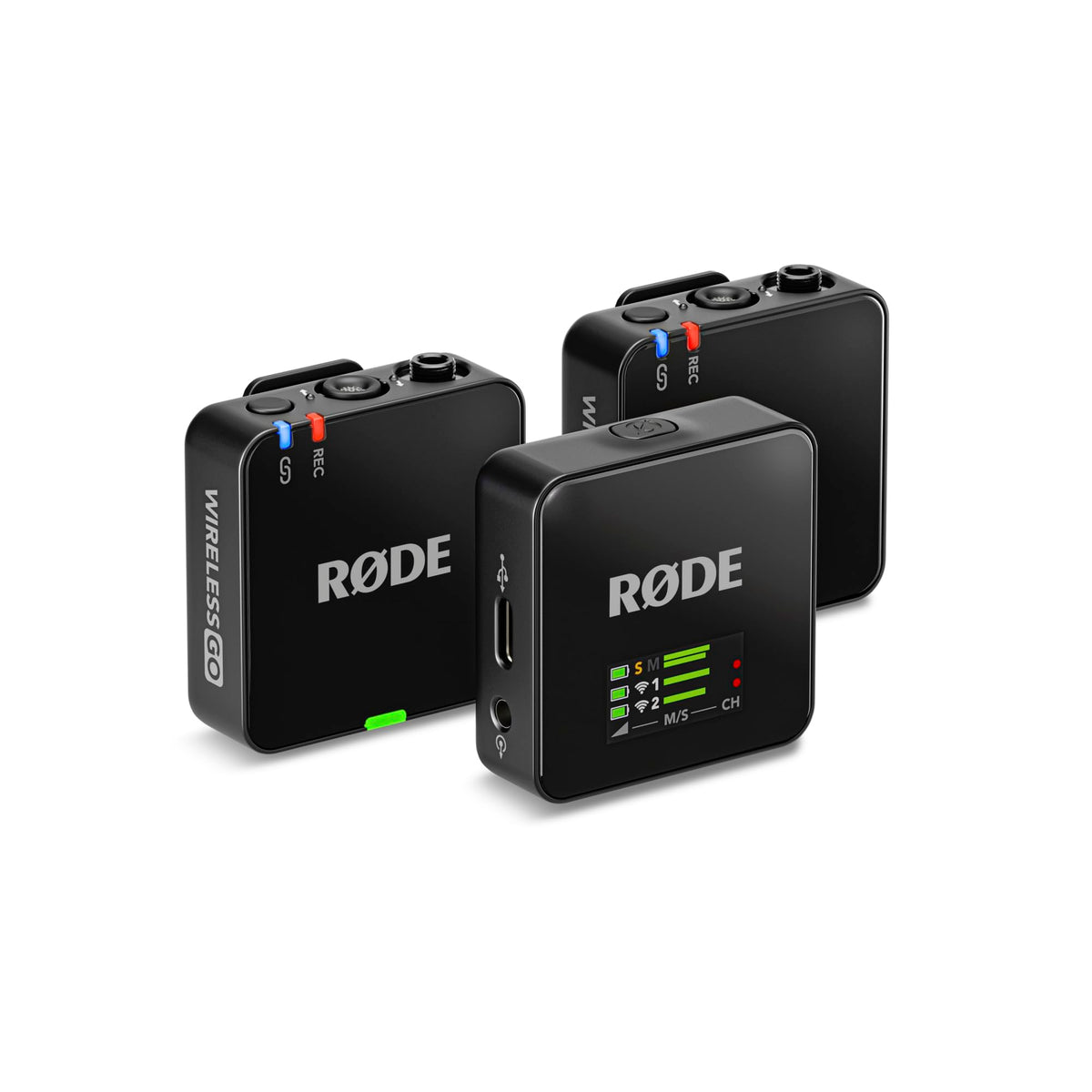 RØDE Wireless GO III frontal mostrando diseño compacto y botones para grabar