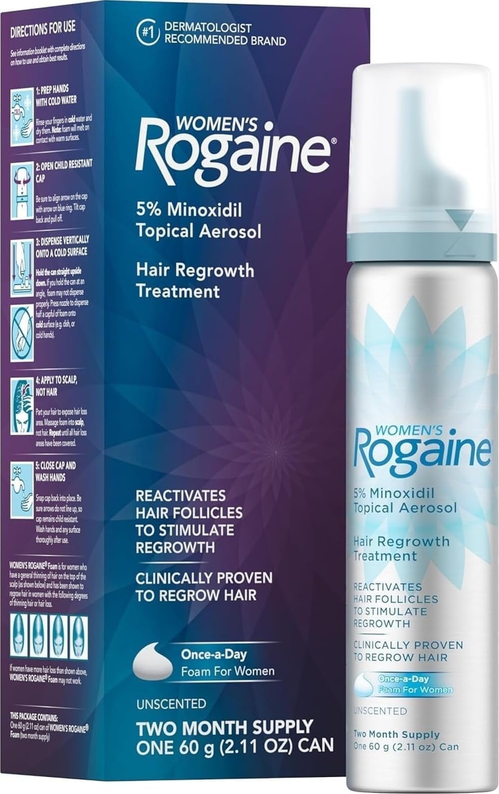 Rogaine envase frontal de espuma 5% minoxidil mostrando tamaño y etiqueta
