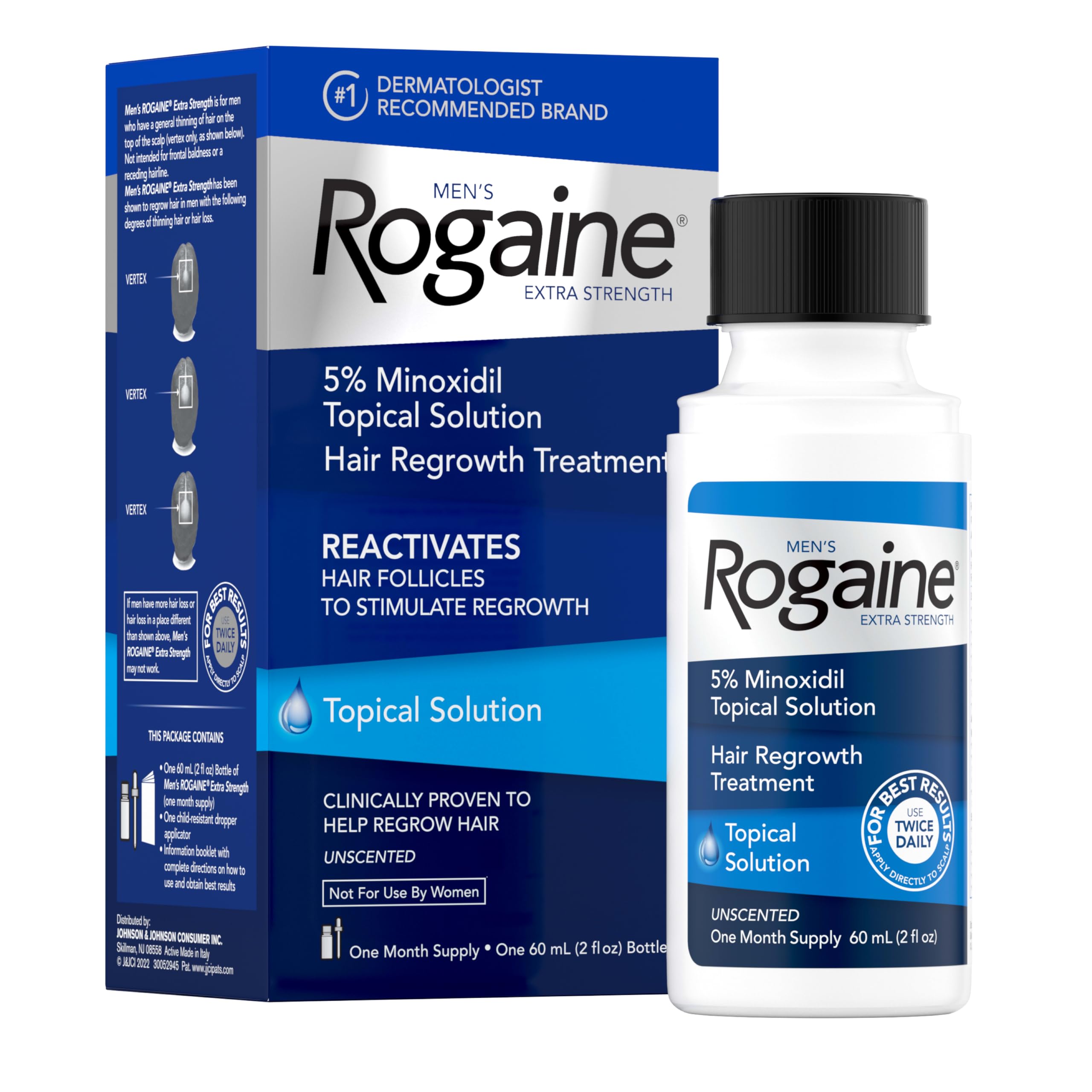 Rogaine envase frontal mostrando la botella y beneficio de uso dirigido