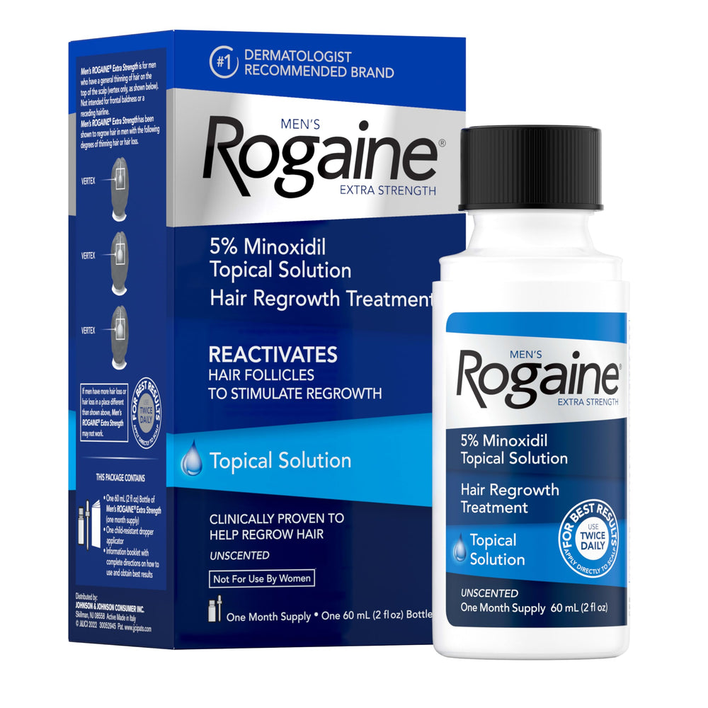 Rogaine envase frontal mostrando la botella y beneficio de uso dirigido