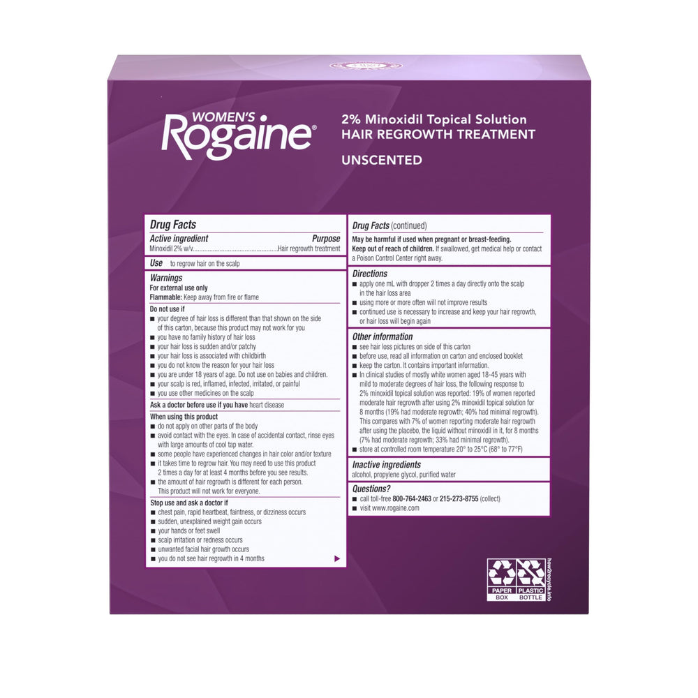 Rogaine mujer aplicando solución en cuero cabelludo para promover cabello más grueso