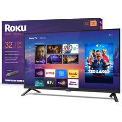 Roku televisor 32" frontal mostrando pantalla brillante y menús fáciles