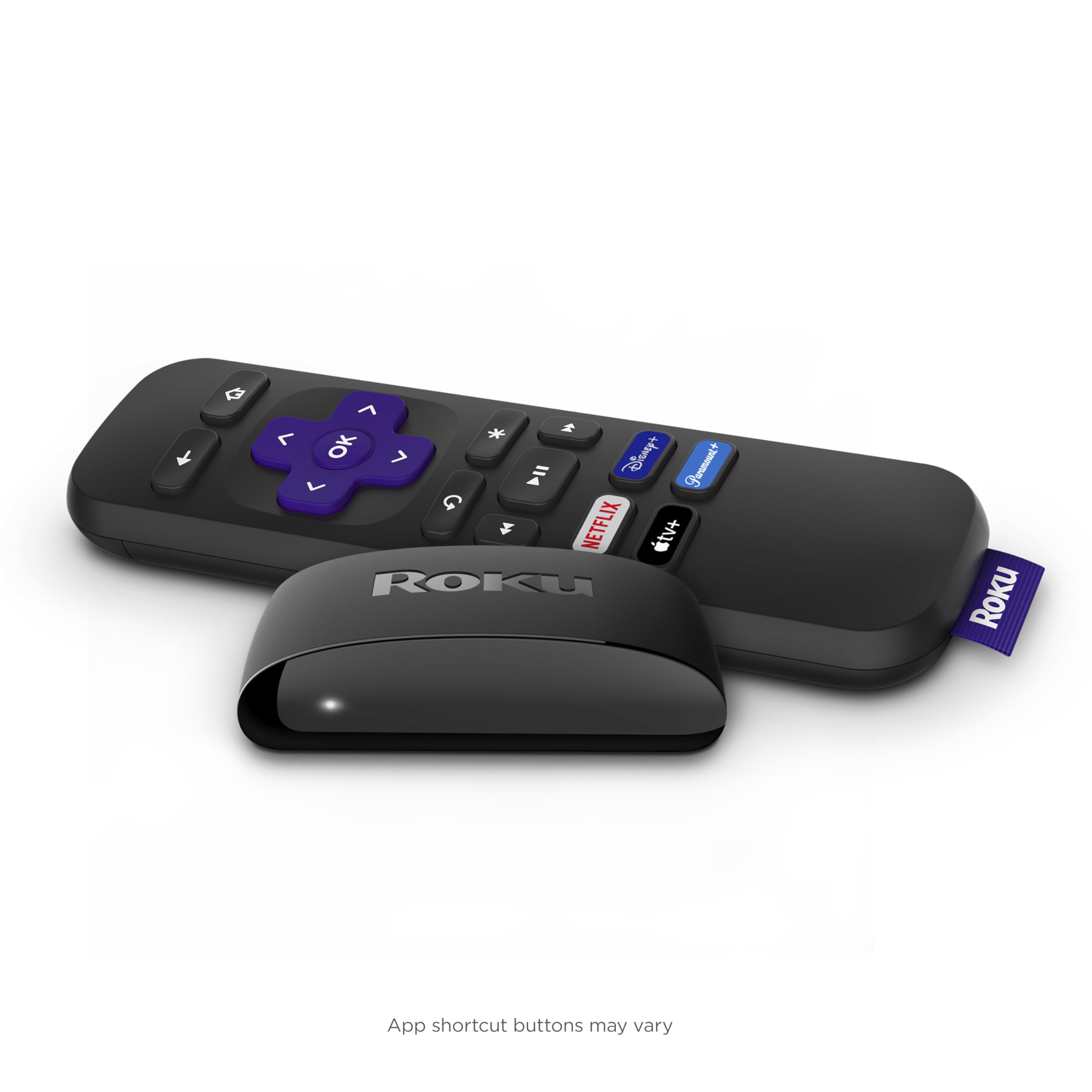 Roku Express frontal y cable HDMI mostrando instalación fácil y ahorro