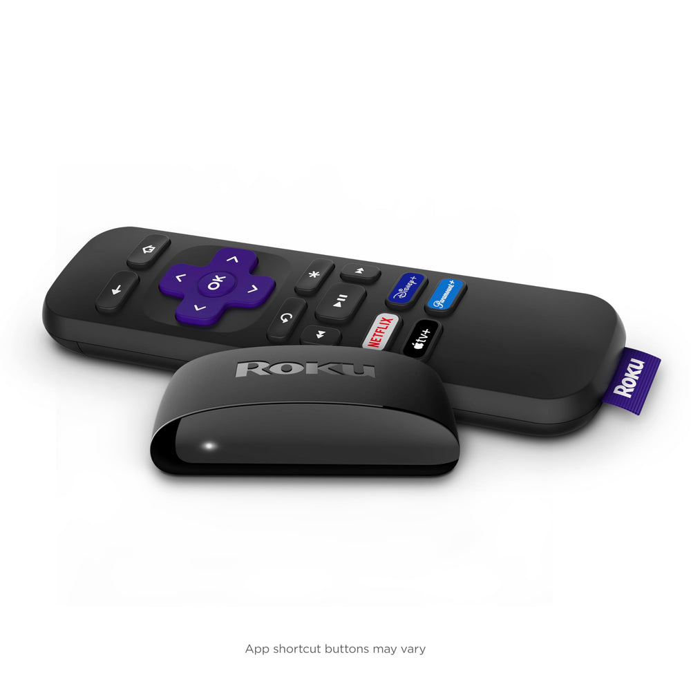 Roku Express frontal y cable HDMI mostrando instalación fácil y ahorro