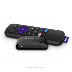 Roku Express frontal y cable HDMI mostrando instalación fácil y ahorro