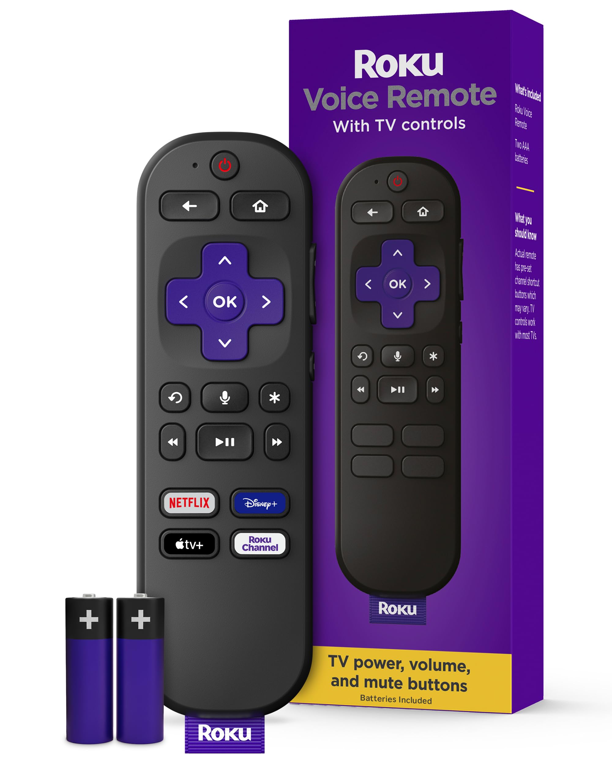 Roku mando frontal mostrando diseño ergonómico y acceso rápido
