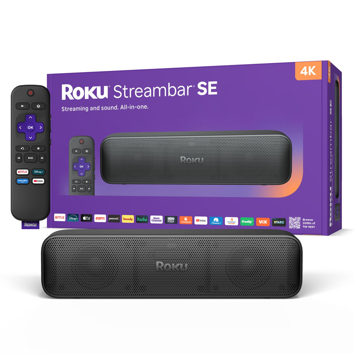 Roku Streambar SE vista frontal mostrando diseño compacto y audio mejorado