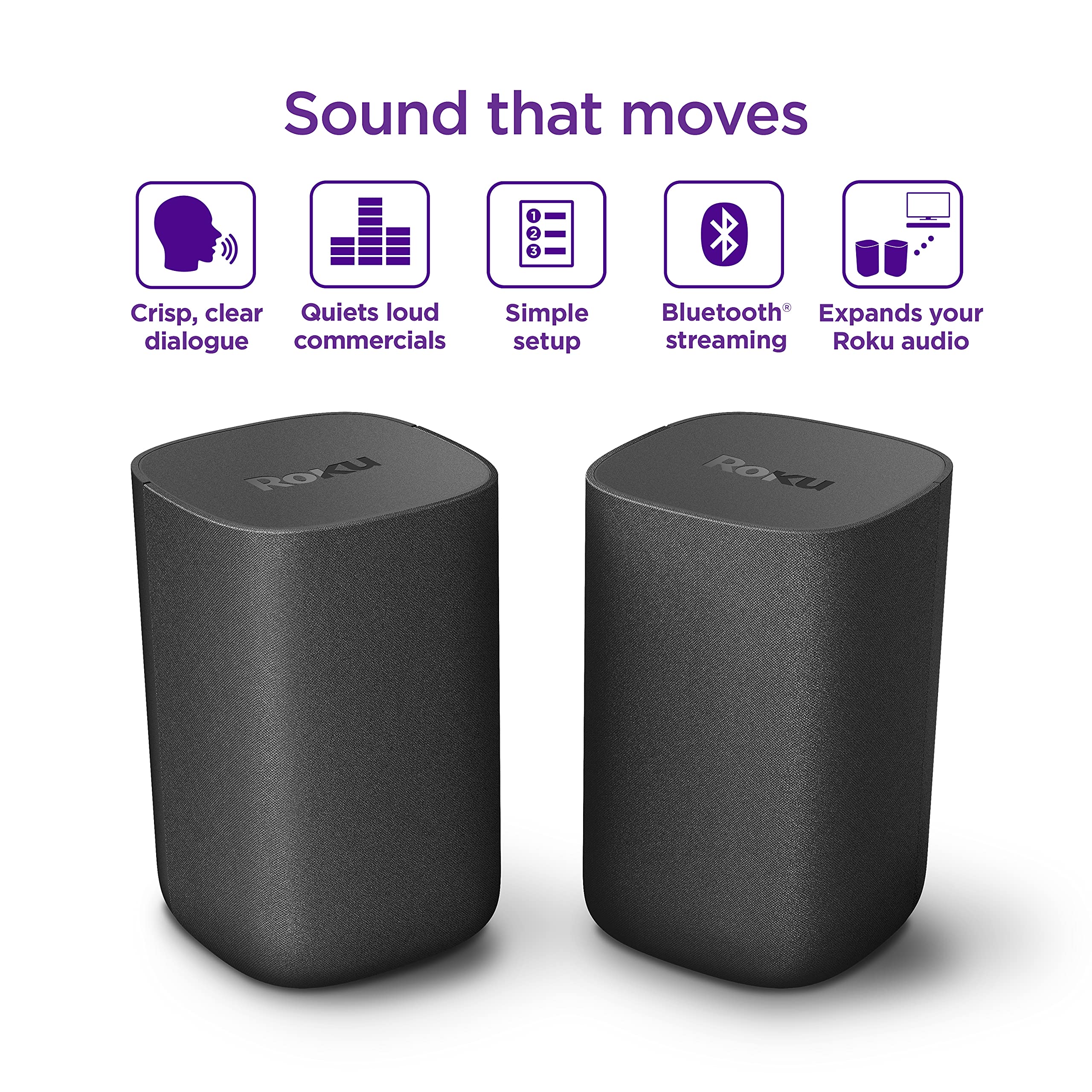Roku altavoces junto a Streambar ilustrando integración con barra Roku