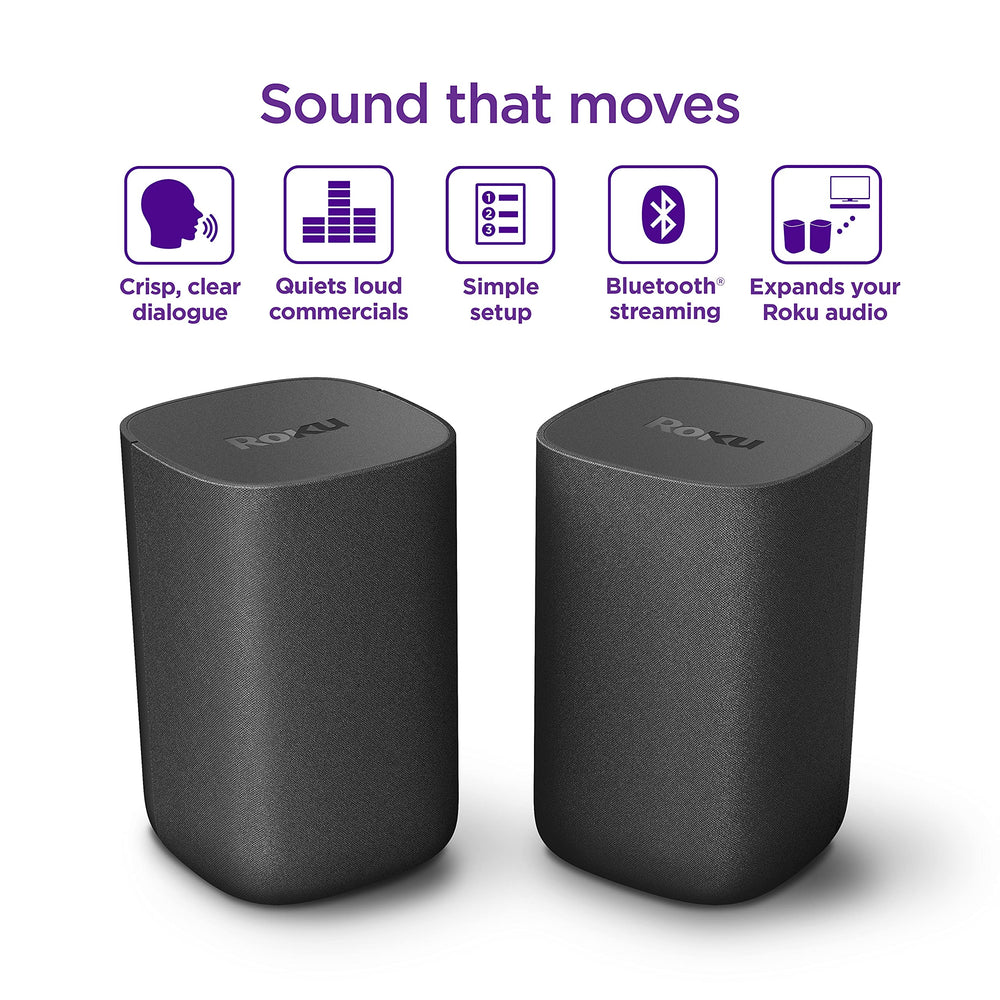 Roku altavoces junto a Streambar ilustrando integración con barra Roku