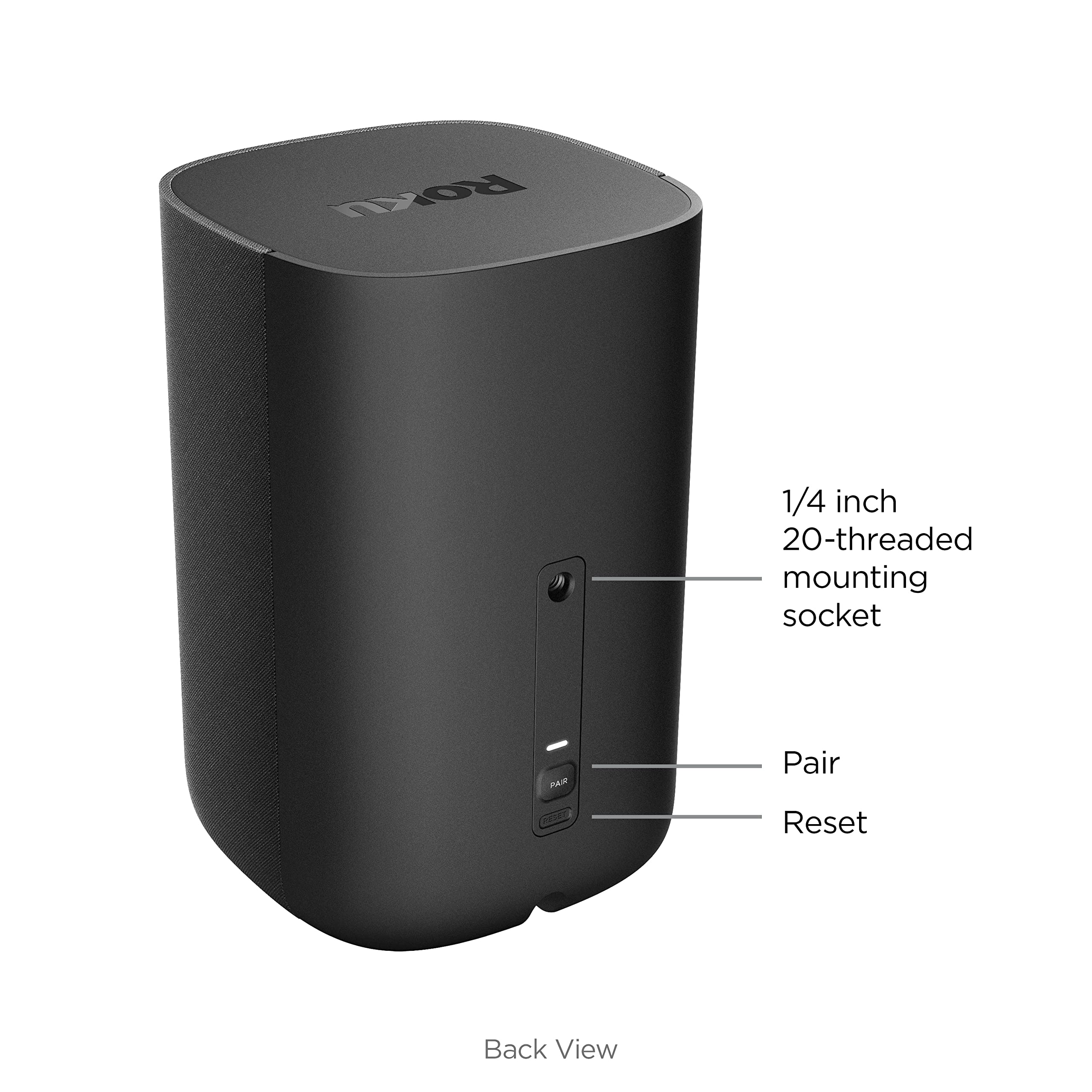Roku altavoz junto a mano para comparar tamaño y facilidad de colocación