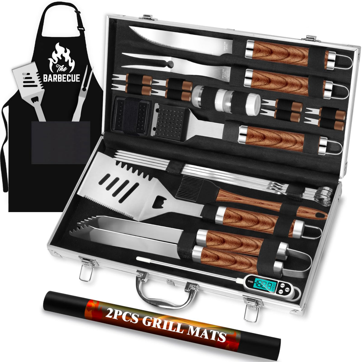 ROMANTICIST aluminum case front view showing organized grill tools and travel protection