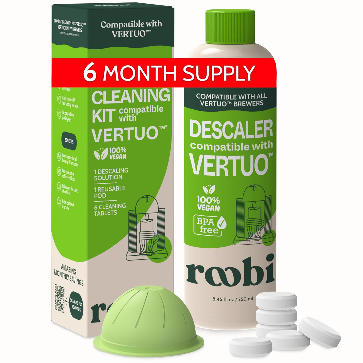 Roobi frontal del paquete compatible Vertuo mostrando contenido y beneficios