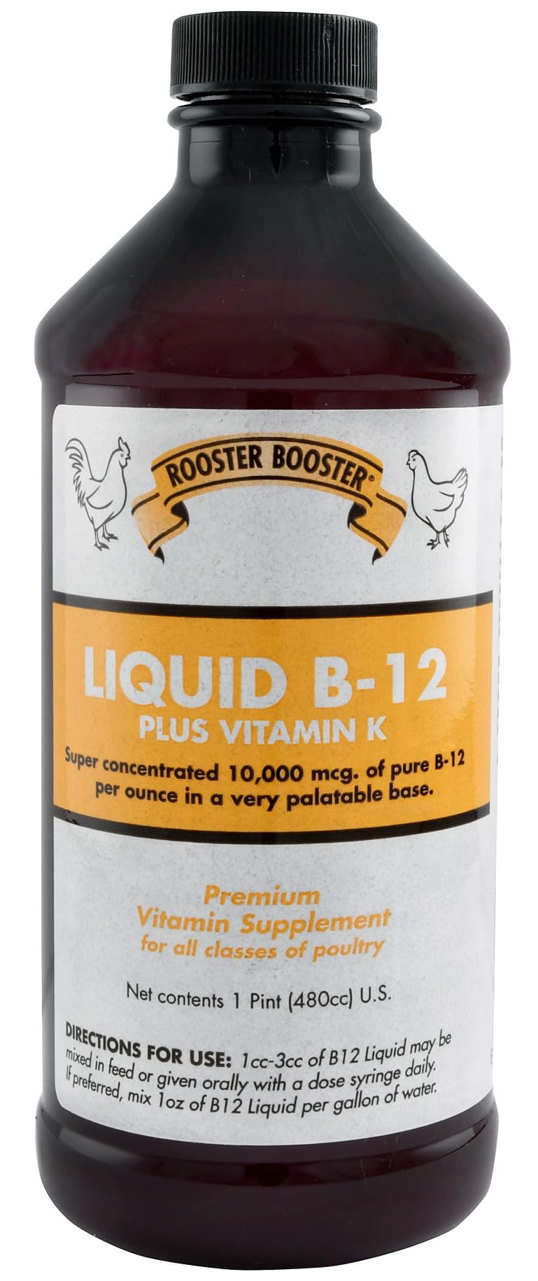 Rooster Booster botella frontal mostrando etiqueta y uso práctico
