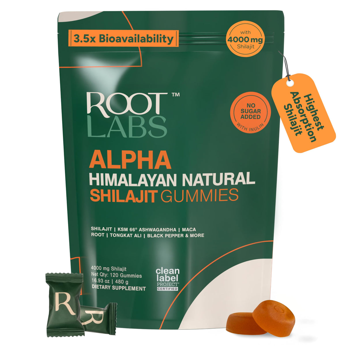 ROOT LABS frasco frontal mostrando 120 gomitas y beneficio conveniencia