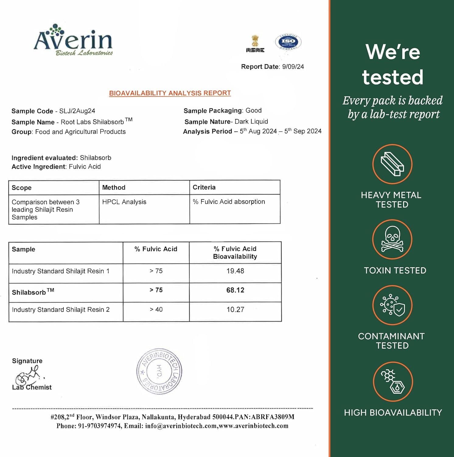 Etiqueta ROOT LABS con certificado COA visible y datos de pruebas de pureza
