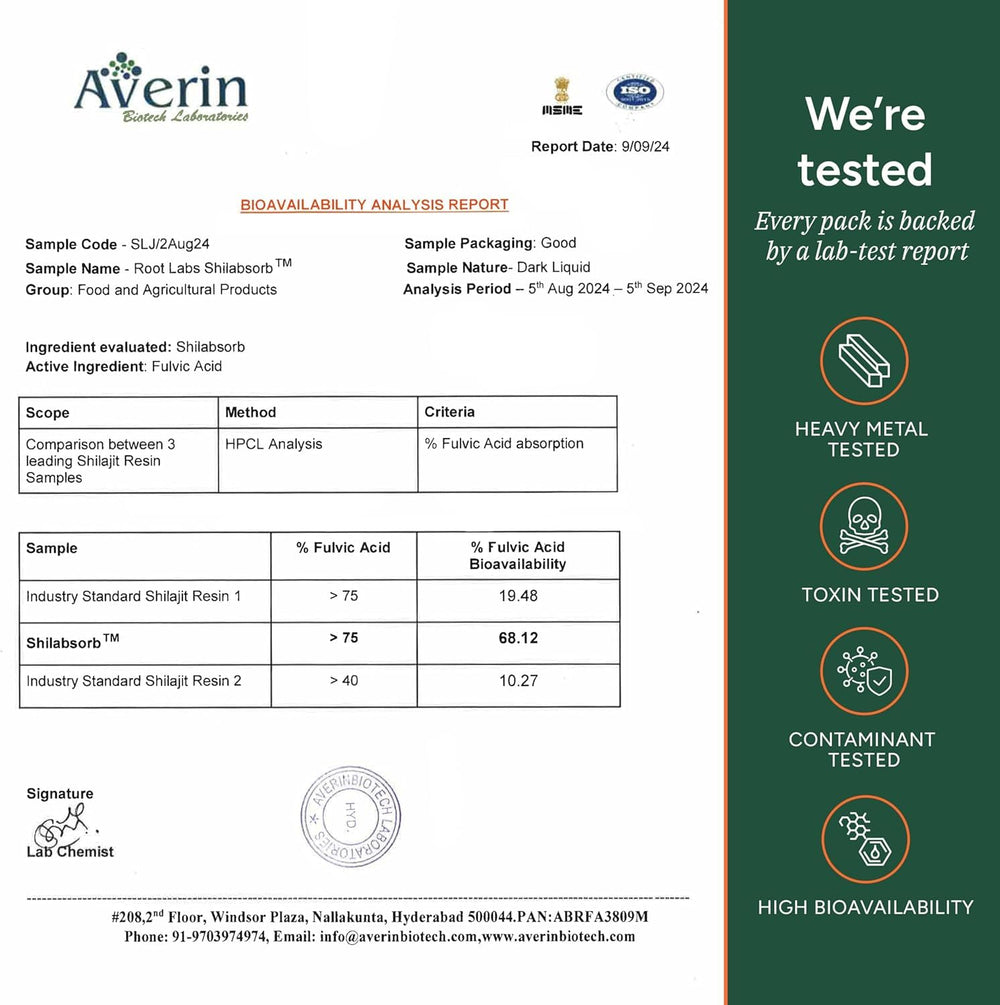 Etiqueta ROOT LABS con certificado COA visible y datos de pruebas de pureza