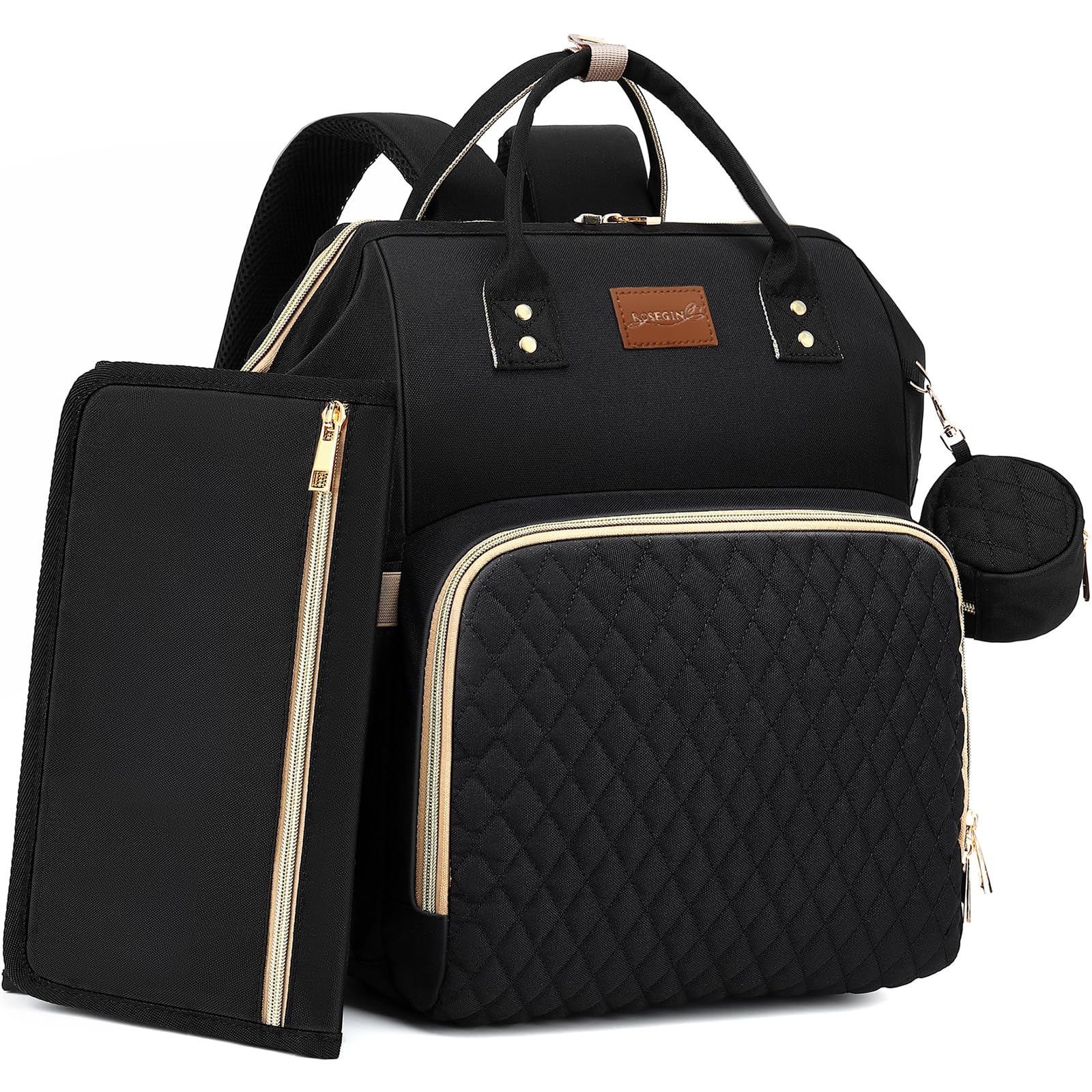 Mochila ROSEGIN vista frontal, gran capacidad y estilo negro práctico