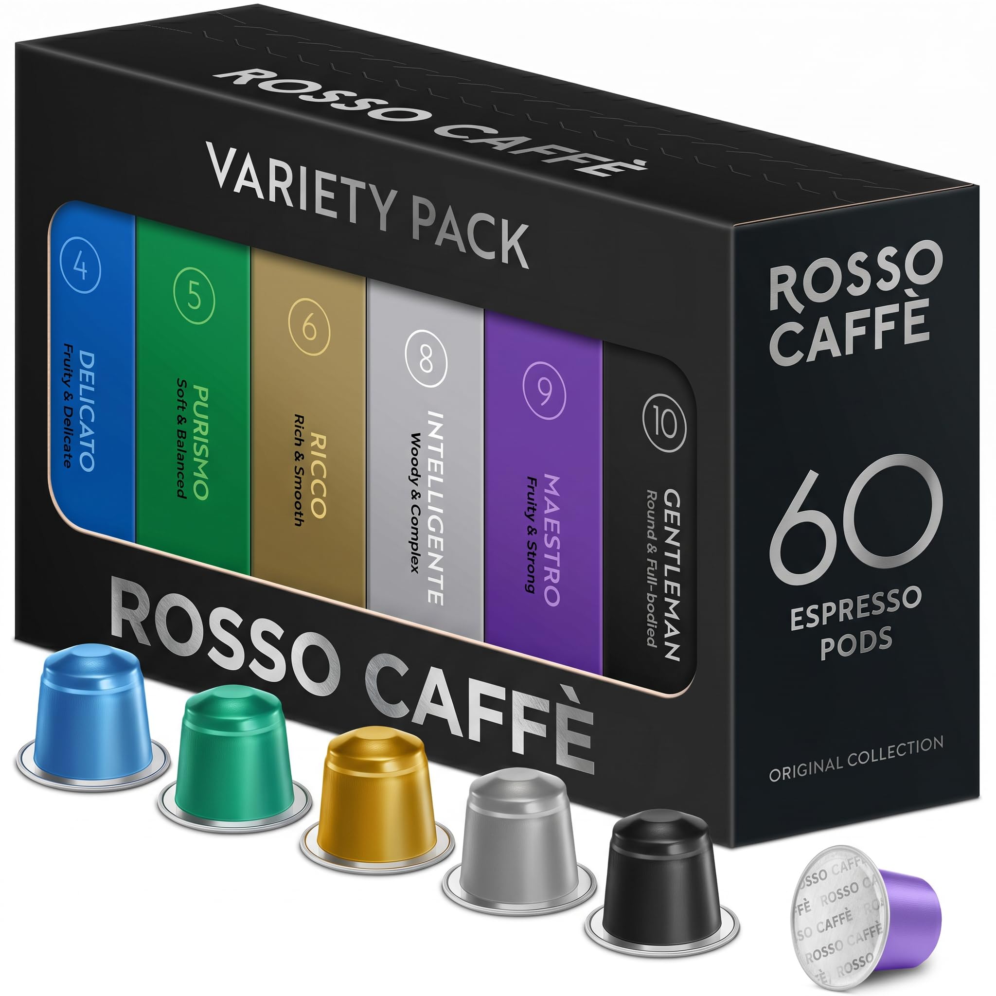 ROSSO CAFFÈ envase frontal del pack de 60 cápsulas mostrando la marca y variedad