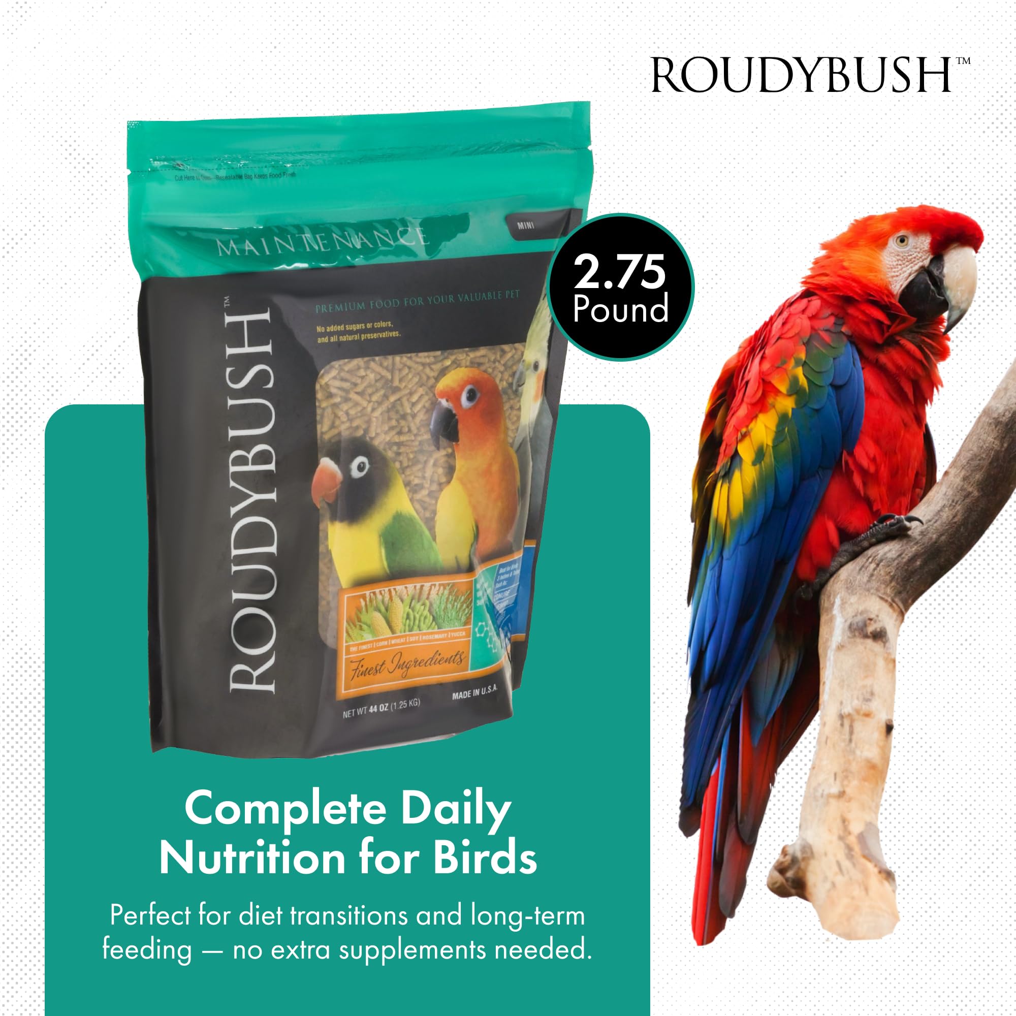 RoudyBush pellets apilados, textura uniforme y fácil ración