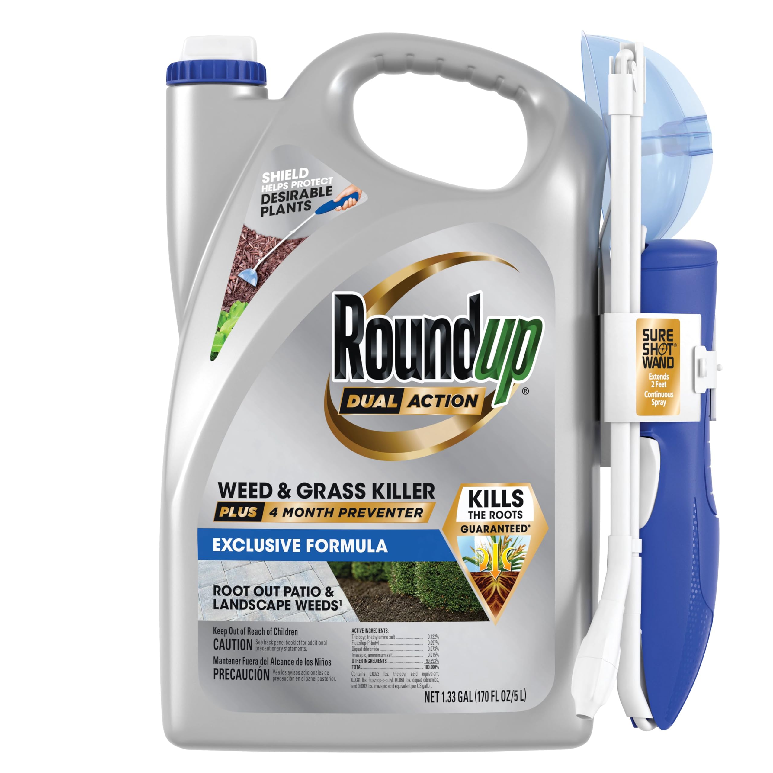 Roundup envase frontal 1.33 gal mostrando su diseño y cobertura hasta 400 sq ft