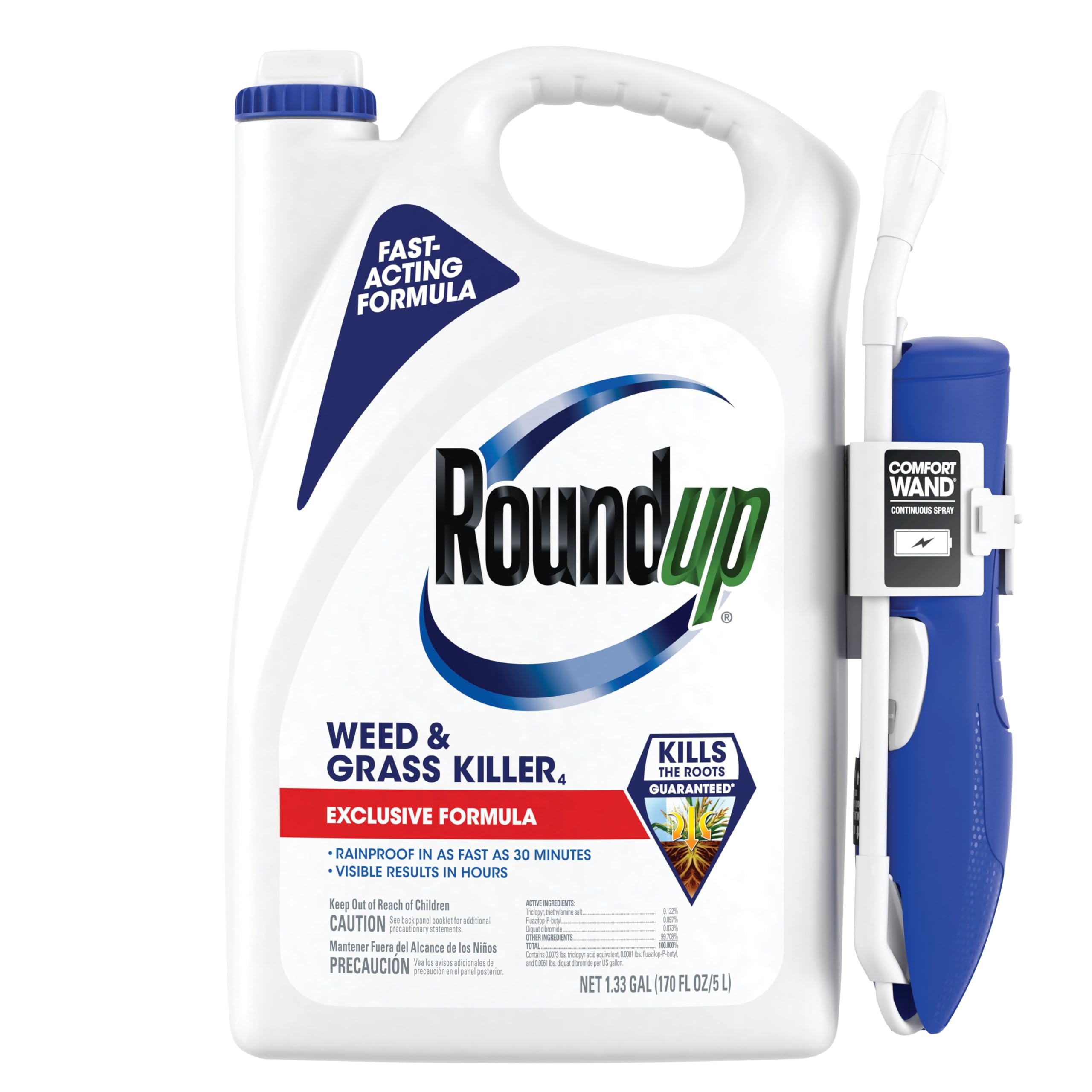 Roundup envase frontal 1.33 gal mostrando etiqueta y cobertura rápida