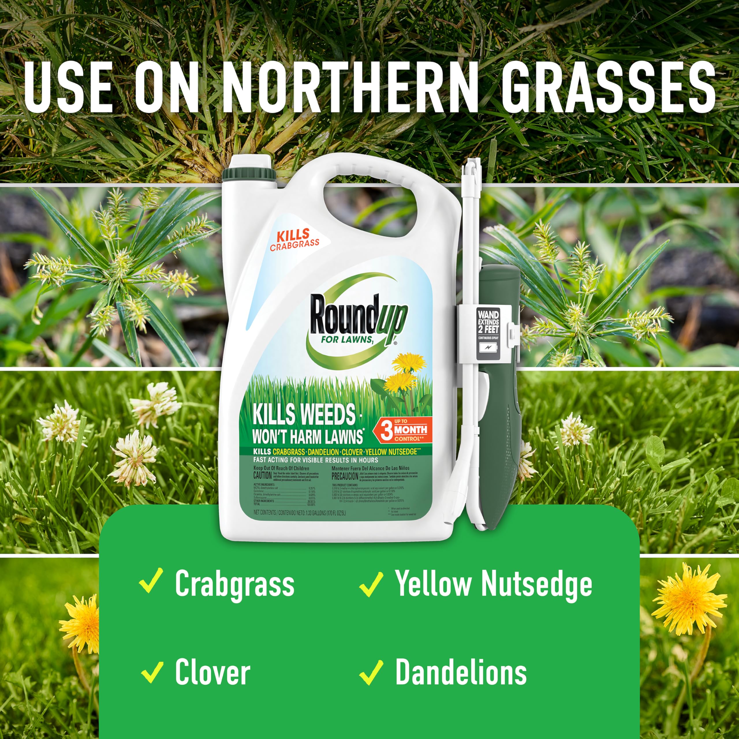 Roundup For Lawns varilla extendible en acción para mayor alcance