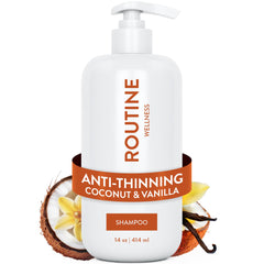 Routine Wellness botella al frente mostrando diseño y fragancia coco vainilla beneficios estéticos