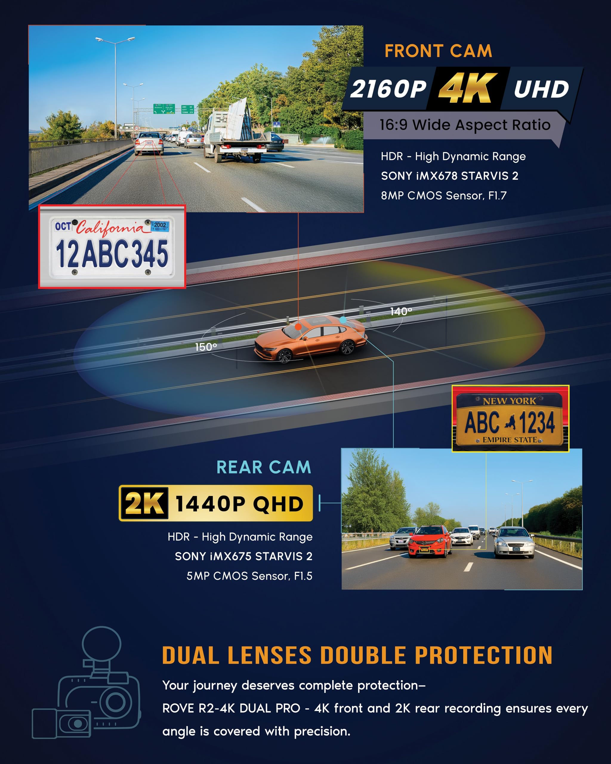 ROVE dash cam instalada en parabrisas en uso con claridad en carretera